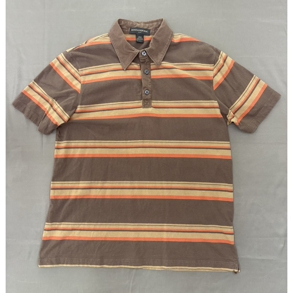 Banana Republic Vintage Polo Shirt Brown Orange Striped Cotton Mens Size Large L
